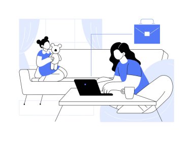 Çalışan anne karikatür vektör çizimlerini izole etti. Çocuk sahibi olmak için evden çalışan genç anne, uzak iş, serbest yaşam tarzı, dijital göçebe, modern aktif annelik vektör karikatürü.