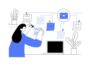 Özyönetim karikatür vektör çizimlerini izole etti. Serbest çalışanları planlayan genç bir kadın özel çıkartmalar, uzak iş, dijital göçebe, öz disiplin fikir çizimi.