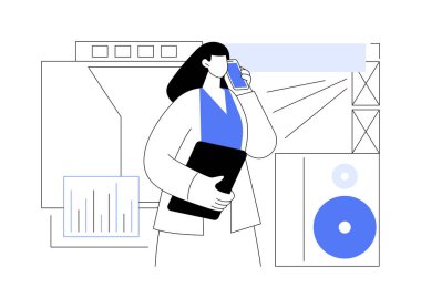 Festival yöneticisi karikatür vektör çizimlerini izole etti. Profesyonel festival yöneticisi konser organize ediyor, sorunları telefonla, eğlence sektörüyle, servis sektörü vektör karikatürüyle çözüyor.