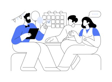 Birkaç izole çizgi film vektör çizimleriyle buluşacağım. Müşterilerle profesyonel düğün koordinatörü toplantısı, etkinlik planlaması, eğlence sektörü, evlilik vektör karikatürü..