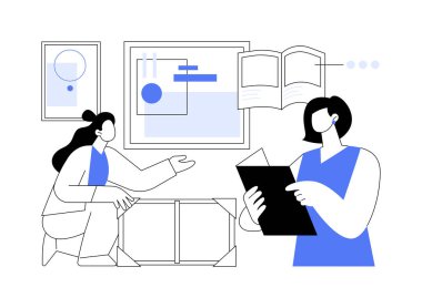 Katalog sanatı karikatür vektör çizimlerini izole etti. Sanat küratörü, sanatçı, eğlence sektörü, müze çalışanları, sergi hazırlama vektör karikatürü ile resim kataloğunu tartışıyor.