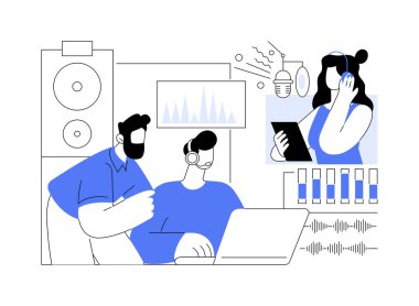 Ses kontrol odası karikatür vektör çizimlerini izole etti. Çeşitli kayıt işçileri sesleri birlikte düzenliyor ve karıştırıyor, müzik endüstrisi, eğlence sektörü karikatürü.