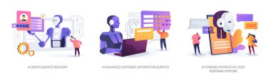 Geliştirilmiş Müşteri Hizmetleri soyut konsept vektör çizimi seti. AI-Driven Hizmet Kurtarma, Müşteri Memnuniyeti Anketleri, El-Güç Etkileşimli Ses Tepkisi Sistemleri soyut metafor.