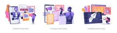 Geliştirilmiş yazılım soyut konsept vektör çizimi seti. AI-Oluşturulmuş Günlük Gönderileri, El-Geliştirilmiş Video Düzenleme, El-Güçlendirilmiş Grafik Tasarım, içerik oluşturma ve üretme araçları soyut metafor.