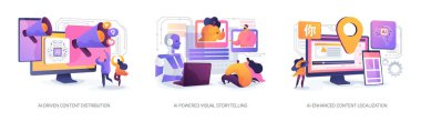Yapay zeka içeriği pazarlama araçları soyut konsept vektör illüstrasyon seti. Al-Driven İçerik Dağıtımı, El-Görsel Hikaye Anlatımı, El-Geliştirilmiş İçerik İçeriği Soyut Benzetme.