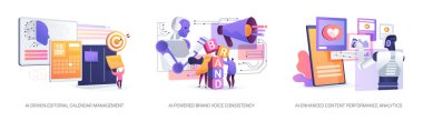 AI soft abstract concept vector illustration set. AI-Driven Editorial Calendar Management, AI-Powered Brand Voice Consistency, AI-Enhanced Content Performance Analytics abstract metaphor. clipart