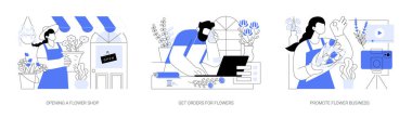 Çiçekçi işi karikatür vektör çizimleri ayarlandı. Çiçek düzenleme dükkanı açmak, küçük işletme sahibi telefonla yeni siparişler alıyor, sosyal medyada tanıtım yapıyor, buket tasarım vektörü karikatürü çiziyor.
