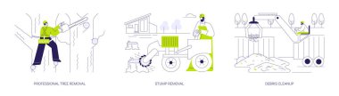 Ağaç kaldırma servisi soyut konsept vektör illüstrasyon seti. Profesyonel ağaç kaldırma, kütük öğütücü ve testere, tahta kesme makinesi, enkaz temizleme, çöp toplama soyut metaforu.