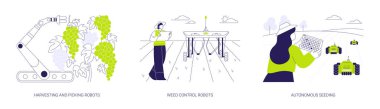 Robotic applications abstract concept vector illustration set. Harvesting and picking robots, weed control, autonomous seeding, smart farming, IoT innovation in agribusiness abstract metaphor.
