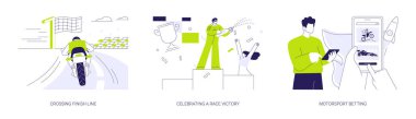 Motorsport şampiyonası soyut konsept vektör çizimi seti. Yarış arabasının bitiş çizgisini geçmesi, yarış zaferini kutlaması, podyumda şampanyayla yarışması, motor sporunun soyut metaforu..