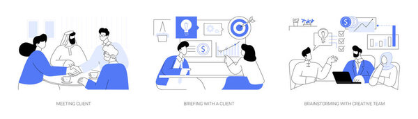 Launching advertising campaign isolated cartoon vector illustrations set. Agency worker meeting client, customer briefing, discuss brand promotion, brainstorming with creative team vector cartoon.