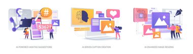 Sosyal medyadaki Yapay Zeka soyut konsept vektör çizimi seti. Al-Powered Hashtag Önerileri, Al-Driven Başlık Oluşturma, El-Geliştirilmiş Resim Boyutlandırma araçları soyut metafor.