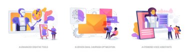 Yapay zeka destekli araçlar ve uygulamalar soyut konsept vektör çizim seti. AI-Geliştirilmiş Yaratıcı Araçlar, Al-Driven E- posta Kampanyası Optimizasyon ve Pazarlama araçları, Yapay Ses Destekli Soyut Benzetme.