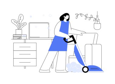 Buhar temizleyici karikatür vektör çizimleri. Evi buharlı temizleyiciyle temizleyen kadın, ev işleri ve rutin işler, günlük ev işleri, modern bir paspas, ev idaresi vektör karikatürü tutan kadın..