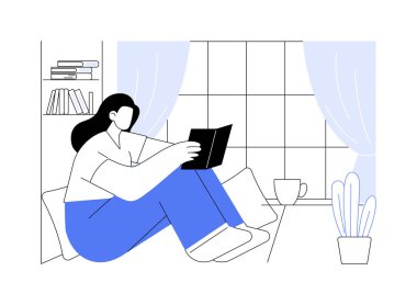 İzole edilmiş çizgi film çizimleri oku. Güzel kız kitap okuyor, ev içi aktiviteler, boş zaman, ev işleri, günlük ev işleri, evde dinlenme, modern edebiyat vektör karikatürü.