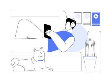 İzlenen videolar izole edilmiş vektör çizimleri. Kulaklıklı bir adam akıllı telefonunu, ev rutinini, dinlenme ve şarj etme gününü, alet bağımlısı vektör karikatürünü kullanarak video izliyor..