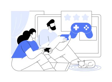 Bilgisayar oyunları karikatür vektör çizimlerini izole etti. Mutlu çift evde video oyunu oynuyor, ellerinde joystick, arkadaşlarıyla boş zaman geçiriyor, gençlerin eğlence vektörü çizgi filmi.