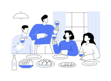 İzole edilmiş çizgi film çizimleri için arkadaşlarını davet et. Gençler evde birlikte yemek yer, şarap içer, masada bir sürü yemek yer, arkadaşlarıyla eğlenir..