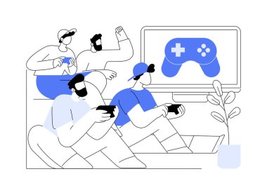 Oyun gecesi karikatür vektör çizimleri. Gençler birlikte oyun oynayıp eğleniyorlar, joystick 'i ellerinde tutuyorlar, kapalı mekan aktiviteleri, erkek arkadaş eğlencesi ev vektör karikatüründe..