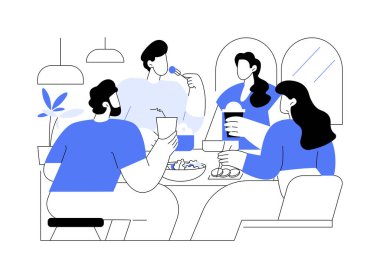 İzole edilmiş çizgi film çizimleri dışında akşam yemeği. Yakın aile dostları birlikte bir restoranda yemek yer. Yemek ve içeceklerin tadını çıkarırlar. Masa başı çizgi filminde yemek çeşitliliği olur..