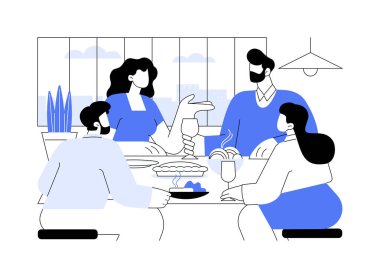 Ev sahibi parti karikatür vektör çizimlerini izole etti. Gülümseyen aile dostları eğleniyor ve evde yemek yiyor, konuşuyor ve gülüyor, yakın ilişki, birlikte zaman geçiriyorlar vektör karikatürü..