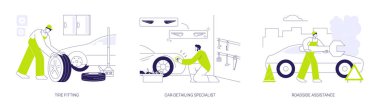 Araç bakımı, soyut konsept vektör çizimi seti. Lastik montajı, araba tekerleği değiştirme, araba temizleme uzmanı, yol yardımı, profesyonel oto tamir hizmetleri soyut metafor.