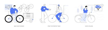 Bike rental isolated cartoon vector illustrations set. Bicycle store business owner consulting client, choosing size of bike for rent, wearing helmet, safe cycling, going on a ride vector cartoon.
