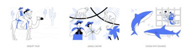 Adventure tour isolated cartoon vector illustrations set. Desert trip, couple riding a camel, jungle safari, explore wildlife, diving in a cage to see sharks, travel agency service vector cartoon.