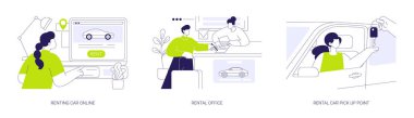 Araç kiralama konsept vektör çizimi seti. İnternetten araba kiralama, ofisteki araç kiralama, araba alım noktası, şehir araç paylaşım servisi, şehir ulaşımı soyut metaforu.