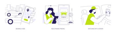 Rideshare şirketi soyut konsept vektör çizimi seti. Bir yolculuk rezervasyonu, dinamik fiyatlandırma, bir sürücüyle eşleşme, akıllı telefon uygulaması, taksi toplama noktası, ulaşım ağı soyut metaforu.