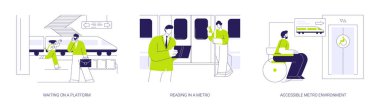 Yeraltı toplu taşıma soyut konsept vektör çizimi seti. Bir platformda beklemek, metroda okumak, ulaşılabilir metro ortamı, tekerlekli sandalyedeki engelli insanlar için kaldırma, soyut metafor..