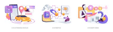 AI-Powered Life Innovations abstract concept vector illustration set. AI-guided self-driving car, robotic arm collaboration, and voice-controlled home appliances. abstract metaphor. clipart