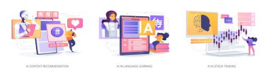 Yapay zeka kişiselleştirme deneyimleri soyut konsept vektör illüstrasyon seti. Kişisel içerik, yapay zeka dili eğitimi ve yapay zeka algoritmalarıyla bilgilendirilmiş hisse senedi ticareti. soyut metafor.