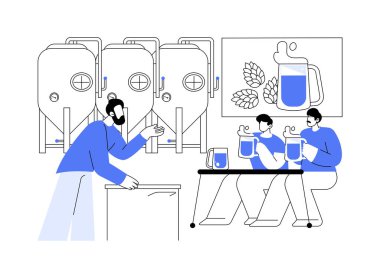 İzole edilmiş karikatür çizimleri yapan bira. Erkekler birlikte bira hazırlama ana sınıfını, fermantasyon sürecini, atölye gününü, hafta sonu açılır pencere kursunu, eski el işi vektör çizgi filmini ziyaret ediyor..