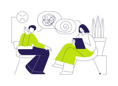 Konuşma terapisi soyut konsept vektör çizimi. Psikiyatrist, uyuşturucu bağımlısı hasta, ilaç sektörü, madde bağımlılığı tedavisi, psikoterapist metaforla konuşma.