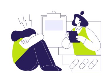 Akut depresyon soyut konsept vektör çizimi. Hüsrana uğramış hastalarla konuşan psikiyatrist, ilaç sektörü, akut depresyon teşhisi, panik atak, tükenmiş insan soyut metaforu..