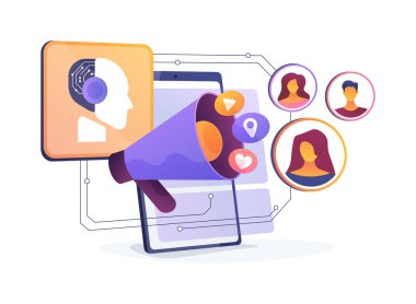 Al-kişiselleştirilmiş halkla ilişkiler kampanyaları soyut konsept vektör illüstrasyonları. Halkla ilişkiler. Yapay zeka öngörülerini kullanarak belirli demografikler için kişiselleştirilmiş kampanyalar. AI Teknoloji. soyut metafor.