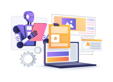 El yapımı halkla ilişkiler içeriği soyut konsept vektör çizimi. Halkla ilişkiler. Yapay zeka kopyalama araçları ile otomatik olarak basın bülteni ve makaleleri oluştur. AI Teknoloji. soyut metafor.