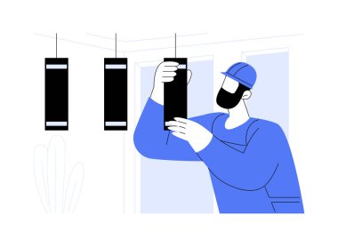 Yerel elektrikçi karikatür vektör çizimlerini izole etti. Profesyonel elektrikçi eve lamba aydınlatması, müteahhit onarım servisi, ev bakımı vektör karikatürü kuruyor.