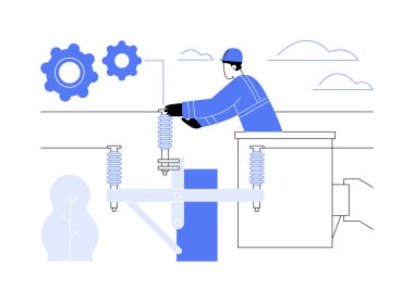 Yüksek voltajlı elektrikçi karikatür vektör çizimlerini izole etti. Profesyonel yüksek voltajlı elektrik tamir hattı, ev bakımı, tehlikeli mesleki vektör karikatürü..