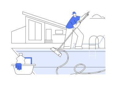 Havuz bakımı, karikatür vektör çizimleri. Adam havuzu klorla temizler ve filtre sistemini, onarım servisini, ev bakımını, profesyonel insan karikatürünü değiştirir..