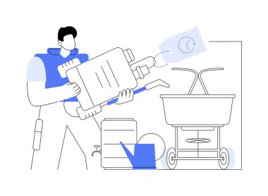 Çim ve bahçe malzemeleri kiralama, karikatür vektör çizimleri. Gülümseyen adam dükkanda sprey kiralıyor, ev aletleri, küçük işletmeler, bahçe aletleri kiralama vektör karikatürü.