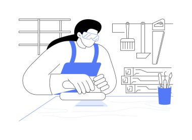 Çalışma alanı izole edilmiş çizgi film vektör çizimleri. Koruyucu gözlük takan, marangozluk yapan, teçhizat kiralayan, ev işi yapan, atölye işleri yapan, vektör karikatürü yapan bir kız..