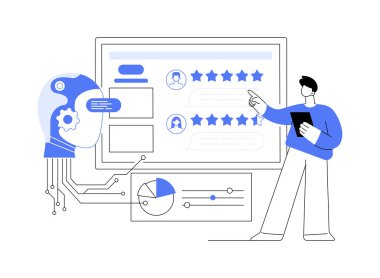 Gelişmiş Müşteri Geribildirim Analizi, soyut konsept vektör çizimi. Yapay zeka analizi ve hizmet kalitesini arttırmak, geri besleme analizleri, müşteri memnuniyeti soyut metaforu.