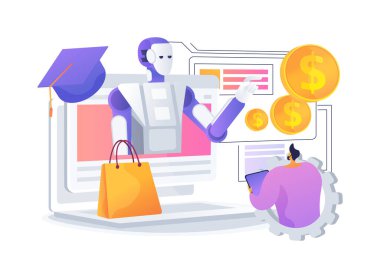Geliştirilmiş Satış Eğitimi soyut konsept vektör çizimi. AI kişiselleştirilmiş eğitim modülleri, satış becerilerinin geliştirilmesi, takım performansı, öğrenme platformları soyut metafor.