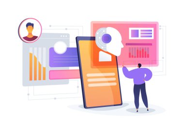 AI-Driven Müşteri Bağlantı Analitikleri soyut konsept vektör çizimi. AI etkileşimleri analiz etmek, içgörü sağlamak, müşteri katılımını iyileştirmek, veri odaklı kararlar soyut metafor.