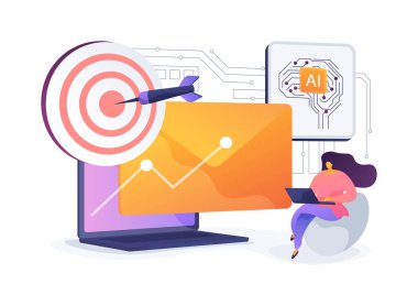 Al-Driven E- posta Kampanyası optimizasyonu soyut konsept vektör çizimi. Yapay zeka, e-posta performansını analiz etmek, bağlantıyı geliştirmek, e-posta stratejilerinin optimize edilmesi, soyut metafor.