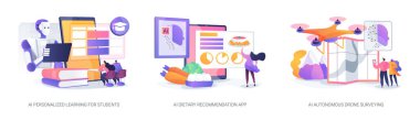 Yapay zeka öğrenme ve yaşayan soyut konsept vektör illüstrasyonu seti. Bireysel ders planları, diyet yemek önerileri ve yapay zeka araçlarıyla arazi haritalama. soyut metafor.