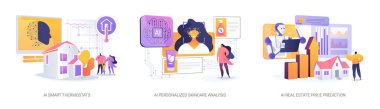 AI Dönüşüm Evleri ve Sağlık Konsept Vektör İllüstrasyonu. Akıllı termostatlar, yapay zeka analizleri ve bilinçli kararlar için emlak değer tahminleri. soyut metafor.