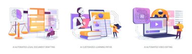 AI Geliştirme Hukuku, Öğrenme ve Medya soyut konsept vektör çizimi. Hızlı yasal taslak, kişiselleştirilmiş e-öğrenme yolları ve yapay zeka araçlarıyla otomatik video düzenleme. soyut metafor.
